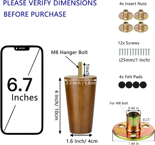 Vista 2 de Maricome Patas de madera de 4 pulgadas para muebles, patas de repuesto de pernos M8 preperforados para gabinete, sofá, silla, sofá, otomano, juego