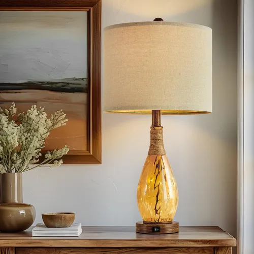 Vista 5 de OYEARS Lámpara de mesa USB A+C de 23 pulgadas para dormitorio, sala de estar, lámparas de noche modernas retro de casa de campo de ratán de cristal