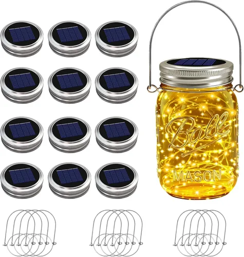 Vista 14 de VOOKRY Paquete de 6 luces solares para tarros de masón, 30 tapas LED para tarros de masón, impermeables, con 6 ganchos (sin tarros), para patio al