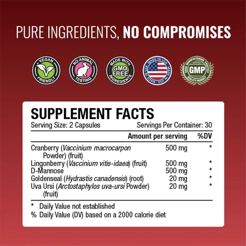 Vista 4 de Approved Science® Uritrac™ - Soporte UTI - Arándano, D-manosa, arándano rojo, vegano - 60 cápsulas por botella - Paquete de 2