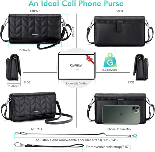 Vista 6 de nuoku Bolso bandolera pequeño para mujer, con ranuras para tarjetas RFID, 2 correas (máximo 6.5 pulgadas)