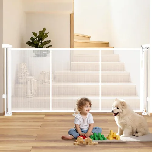 Vista 13 de Puerta retráctil para bebés de 55 pulgadas extra ancha, puerta retráctil para perros de 41 pulgadas de alto para escaleras, puertas, terrazas