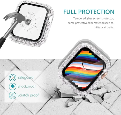 Vista 2 de Surace - Carcasa compatible con Apple Watch de 1.65 pulgadas con protector de pantalla de cristal templado, diseño brillante con 300 diamantes