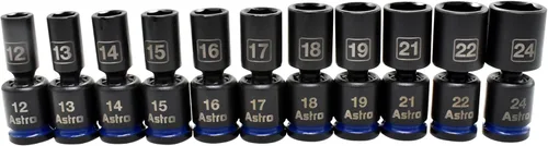 Astro Tools 78244M 11pc 1/2" Drive Mid-Length Pinless Universal Impact Sockets - Métrico