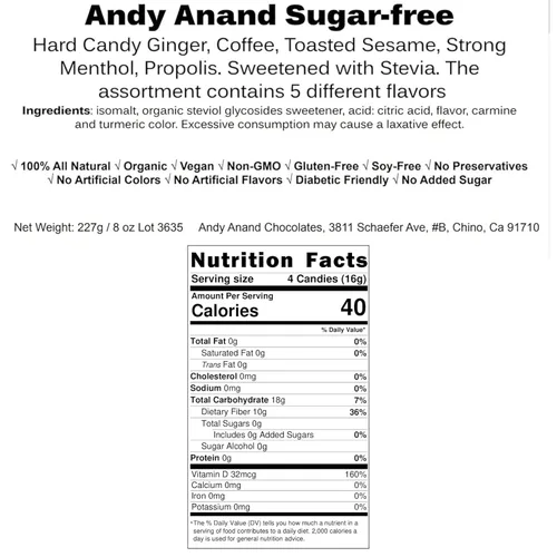 Vista 2 de ANDY ANAND CHOCOLATIER Paquete variado de caramelos duros sin azúcar y sin gluten, jengibre, café, sésamo tostado, mentol, propóleos - endulzado