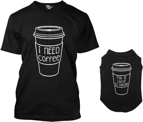 Vista 2 de Tcombo I Need Coffee/I'm A Latte to Handle - Camisa de perro a juego y camiseta para mujer (negro, mujer mediana/perro XS)