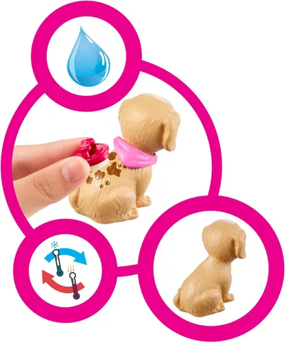 Vista 3 de Barbie - Muñeca (11.5 pulgadas, rubia) y set de juego de tienda de mascotas, con 4 mascotas, función de aseo, cambio de color y accesorios, gran