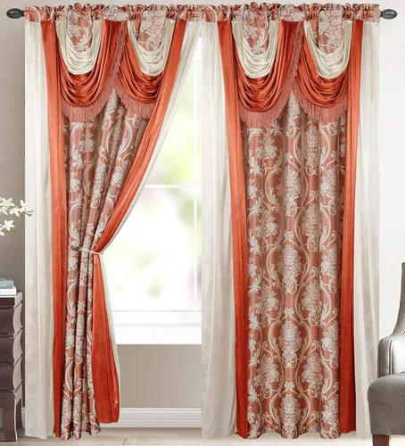 Vista 17 de V Bella - Panel de cortina jacquard de lujo con cenefa de cascada adjunta y bufanda, 54 x 84 pulgadas, color beige