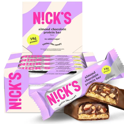 Nick's Protein Bars Chocolate | Alto en proteínas | Bajas calorías | Snacks bajos en carbohidratos aptos para dieta cetogénica sin azúcar añadido