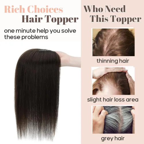 Vista 4 de Rich Choices Toppers para el cabello para mujer, 100% cabello humano real, sin flequillo, 5.1 x 5.9 in, base de seda, clip en la parte superior