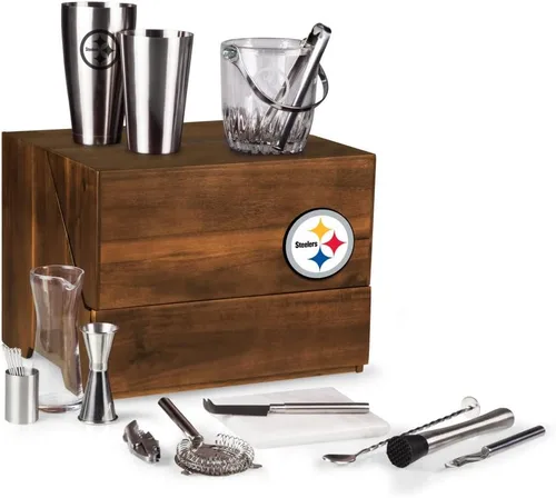 Vista 40 de PICNIC TIME NFL Madison Acacia - Juego de herramientas de barra de mesa, kit de camarero con soporte, juego de accesorios de bar
