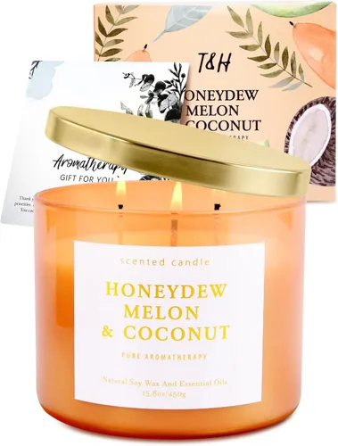 Vista 7 de Honeydew - Vela perfumada de melón y coco Velas de soja grandes de 3 mechas para el hogar de 15.8 onzas Vela de verano fresca y tropical frutal