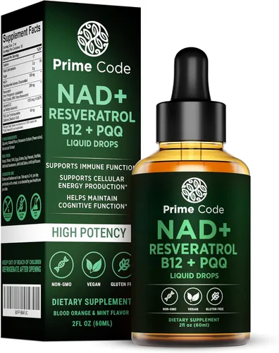 Vista 4 de Prime Code NAD+ Gotas líquidas con resveratrol, vitamina B12 y PQQ – Energía celular avanzada y apoyo antioxidante – Vegano, sin OMG, sin gluten