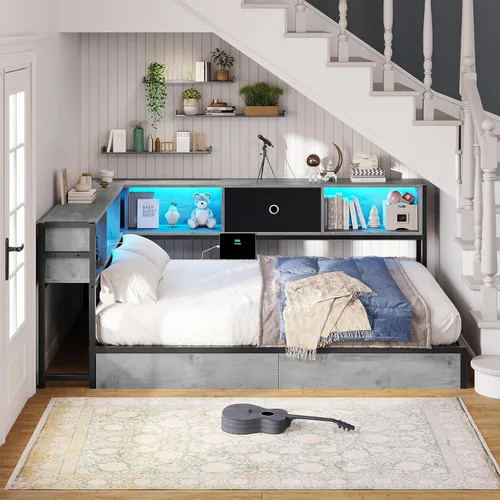 Vista 2 de Hasuit - Base de cama esquinera de tamaño matrimonial con cajones de almacenamiento y cabecera con estantería, plataforma de metal, estación