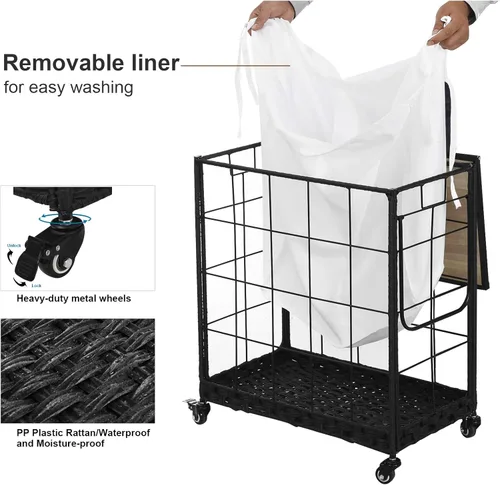 Vista 6 de Cesta de lavandería duradera con bolsa interior extraíble, ruedas resistentes, tapa de madera y asa de metal - Clasificador de ropa y canasta