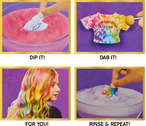 Vista 5 de Rainbow High Muñeca de moda DIY para crear y colorear con acuarelas lavables + kit de teñido anudado, ojos marrones, cabello rizado, top y zapatos