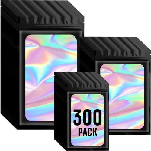 Funfery Paquete de 300 bolsas holográficas Mylar de 3 tamaños con ventana Negro