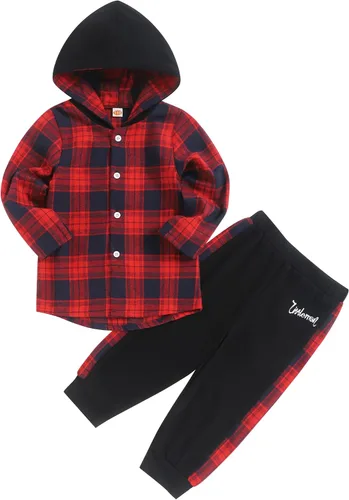Fuermos Ropa para bebés y niños pequeños, sudadera con capucha y pantalones de franela de celosía con botones y pantalones, trajes de otoño e