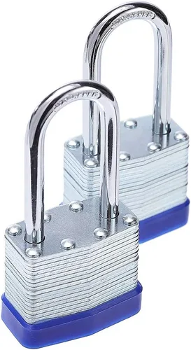 Cerradura de llave de acero laminado, 1-9/16 pulgadas. Cuerpo ancho, 2 candados con llave igual, grillete largo 1-9/16 pulg Largo