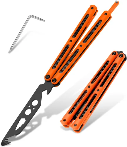 Vista 17 de Dispatch Cuchillo mariposa de entrenamiento Balisong sin afilar con hoja de acero inoxidable, mango 3Cr13 negro (con recortes) y traba de Todo