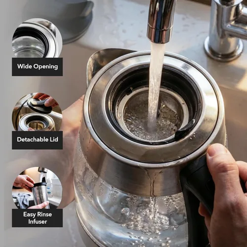 Vista 5 de OVENTE Hervidor de té eléctrico con control de temperatura e infusor de té extraíble, hervidor y calentador de agua de 1500W con vidrio