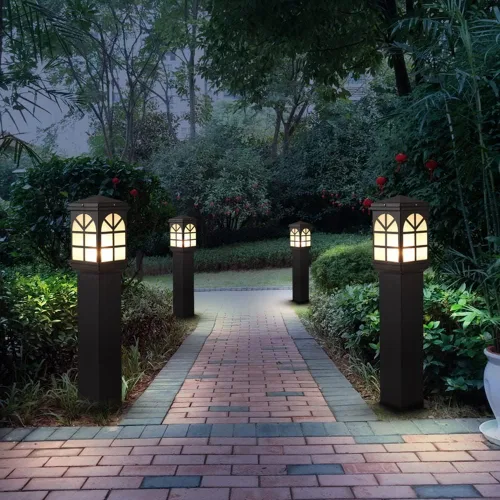 Vista 4 de Luces de poste al aire libre, luz de césped impermeable al aire libre, pantalla de vidrio de metal, luz de jardín, villa, paisaje, decoración