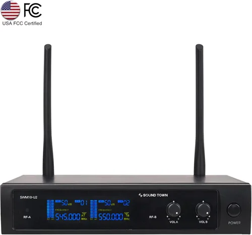 Vista 2 de Sound Town SWM10-U2HH Sistema de micrófono inalámbrico UHF profesional de doble canal con 2 micrófonos de mano, para iglesia, reunión de negocios