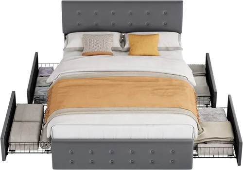 Vista 9 de Base de cama tamaño Queen con 4 cajones de almacenamiento, base de cama tapizada gris con cabecera y listones de madera, no necesita somier (Queen)
