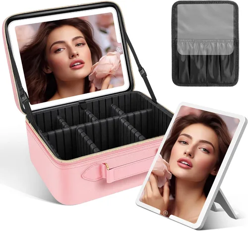 Vista 14 de JUSRON Bolsa Organizadora Portátil para Maquillaje con Divisores Ajustables, Soporte para Brochas de Maquillaje, Negro, L
