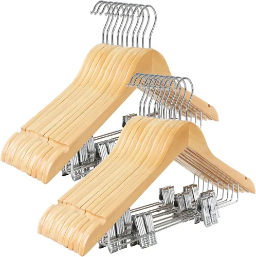 Vista 14 de TOPIA HANGER Perchas de madera para trajes con clips de metal ajustables (paquete de 10), perchas de ropa de madera maciza, gancho giratorio
