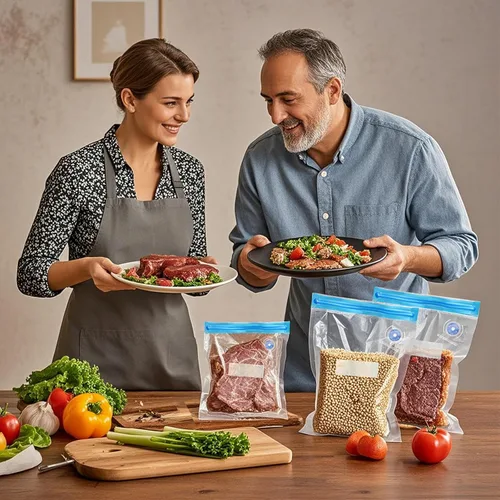 Vista 6 de Sous Vide Bags 27Pcs, BPA Free Reusable, Double-Layered Food Storage (8.5 x 8.5 in) for Cooking, Food Storage, and Microwave Heating. Includes 20