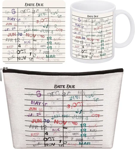 3 Pcs Funny Librarian Gift Set, Including Due Date Card Coffee Mug, Vintage Due Date Coaster and Library Toiletry Bag for Book Lovers, Readers