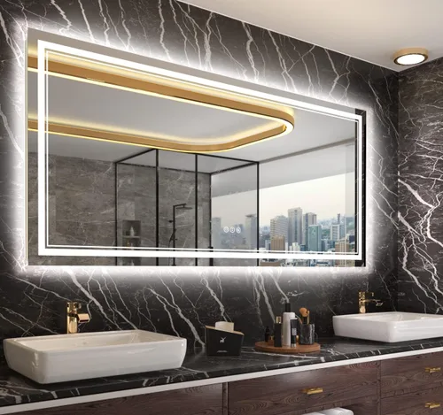 Vista 56 de Espejo de baño LED de 40 x 36 pulgadas con luces, retroiluminado y frontal iluminado para pared, antiempañamiento, regulable, memoria inastillable