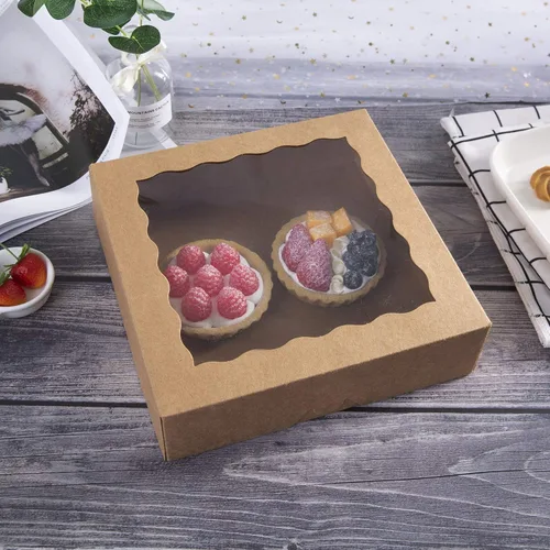 Vista 3 de ONE MORE Cajas de panadería para pasteles de papel kraft natural de 10 pulgadas con ventanas de PVC, caja grande para galletas de 10 x 10 x 2.5