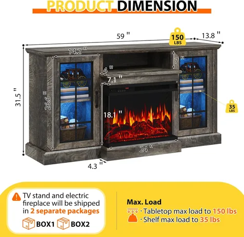 Vista 3 de Soporte de TV con Chimenea de 59'', Centro de Entretenimiento de Medios con Vidrio de 3 Lados, Mesa Consola para TVs hasta 65'' con Puerta