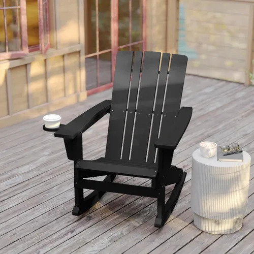 Vista 5 de Flash Furniture Halifax Adirondack - Silla mecedora Adirondack con soporte para tazas, silla mecedora Adirondack de poliresina resistente a la Negro