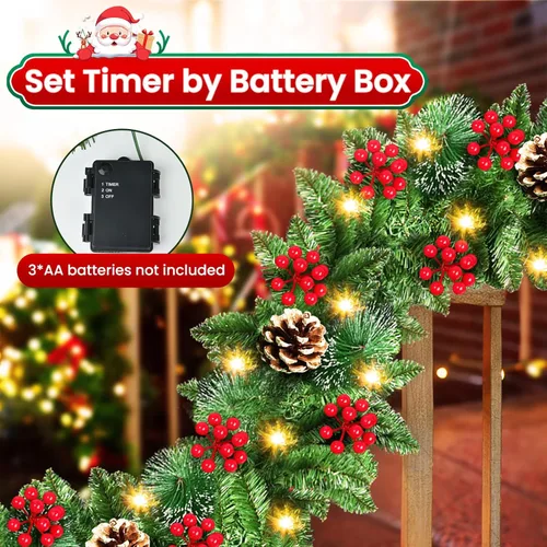 Vista 3 de Guirnalda de Navidad, JTSIOV Guirnalda de Árbol de Navidad Artificial de 9 Pies con Luces de 9 Pies, Piñas, Bayas Rojas, Puntas de Ramas, Decoración