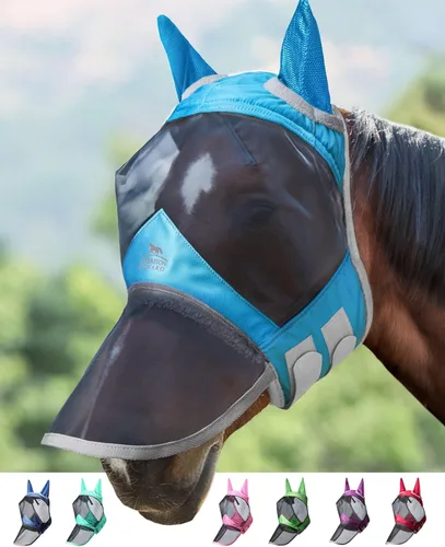 Vista 30 de Harrison Howard Pro Luminous Horse Fly Máscara de nariz larga con orejas protección UV para caballo, azul y plateado, pequeño poni