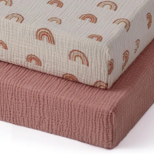 Vista 19 de Blissful Diary Sábanas de muselina para cuna para niña y niño, sábana de bebé de algodón suave neutro bohemio para colchón de cuna estándar de 52 x