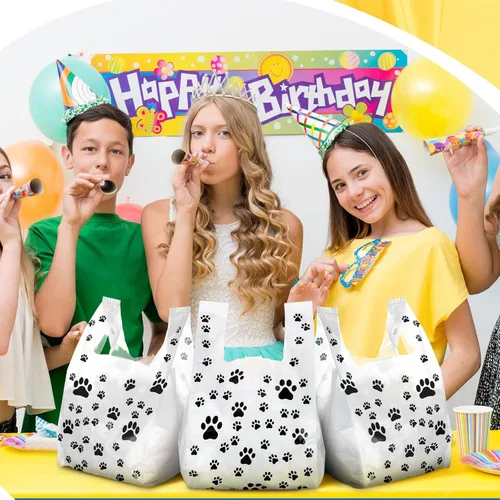 Vista 6 de Outus 50 bolsas con estampado de patas, bolsas de regalo para mascotas, bolsa de plástico para cachorros, suministros de decoración de cumpleaños