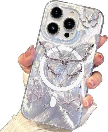 Vista 29 de I-MGAE-IN-AR - Funda diseñada para iPhone 12 y 12 Pro, diseño de mariposa plateada brillante, funda protectora de poliuretano termoplástico, suave
