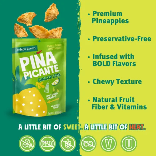 Vista 3 de Crispy Green Pina Picante - Bocadillos saludables de piña deshidratada, jengibre y lima, 12 bolsas individuales