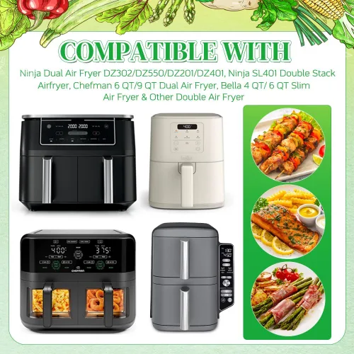 Vista 3 de BYKITCHEN 300 forros para freidora de aire Ninja Dual Airfryer, papel pergamino desechable rectangular compatible con Ninja DZ201/DZ401/DZ550, Bella