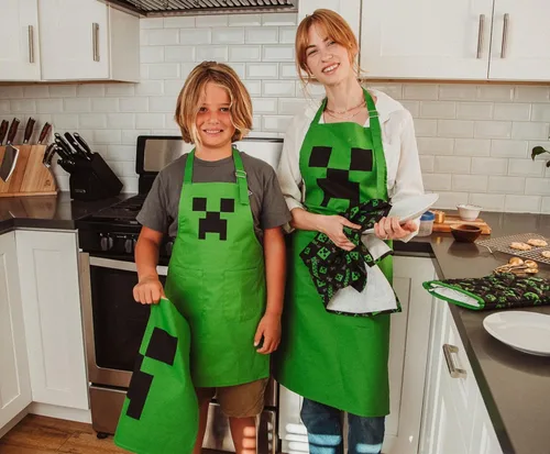Vista 3 de Minecraft Green Creeper - Delantal de cocina juvenil Delantal de chef para servir a la parrilla y cocinar, Verde, Talla única