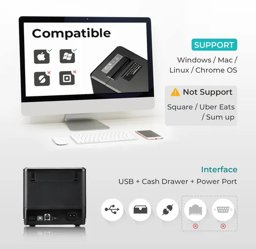 Vista 6 de MUNBYN Impresora de recibos USB de 3.150 in y cajón de efectivo blanco, caja registradora resistente de 16 pulgadas para sistema de punto de venta