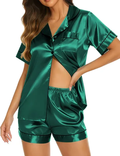 Vista 13 de Ekouaer Pijamas de seda para mujer, ropa de dormir de manga corta, suave, con botones, ropa de descanso, 2 piezas, pijama de satén, conjunto