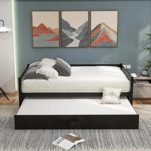 Vista 4 de Giantex Sofá cama de madera con nido, cama de día de tamaño individual con nido y soporte de listones de madera, marco de sofá individual que ahorra