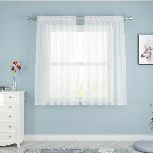 Vista 60 de UPOPO Paneles de Cortina Beige Pequeños Cortinas Transparentes de Gasa de 16 Pulgadas de Largo Cortinas de Cocina de Voile con Textura de Lino