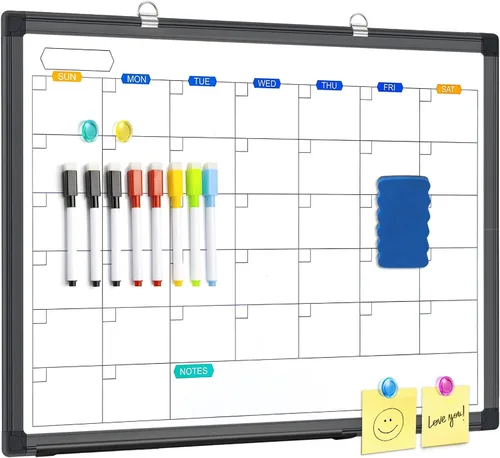 Calendario de borrado en seco para pared, pizarra blanca magnética mensual de 24 x 18 pulgadas, borrado en seco, marco de aluminio negro con bandeja