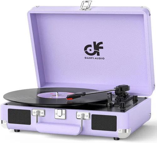 Vista 13 de Tocadiscos de vinilo Bluetooth de 3 velocidades portátil tipo maleta con altavoces integrados, grabación USB de vinilo a MP3, RCA, AUX y salida